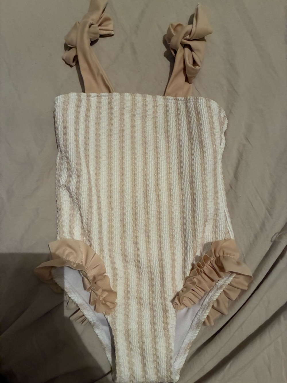 Striped Cream & Beige Ruffle One-Piece Swimsuit
